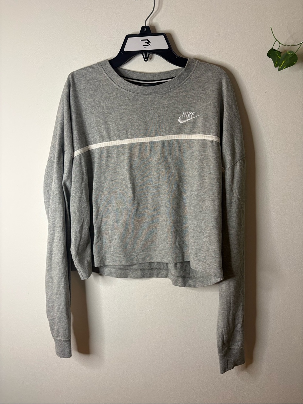 Nike Women's Light Gray Crewneck Sweatshirt with White Chest Stripe